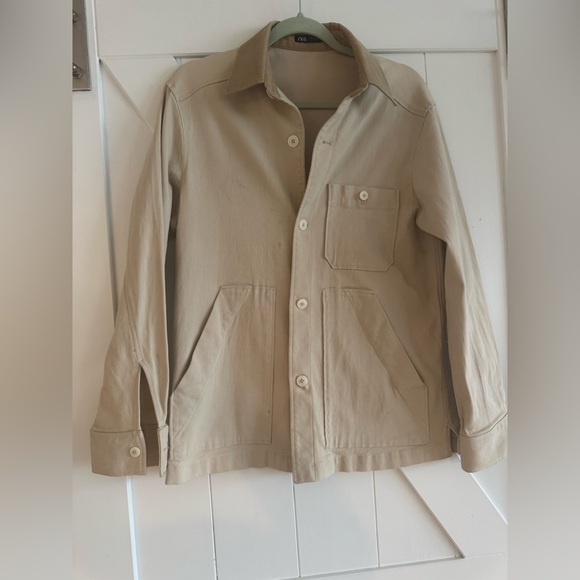 Zara Beige Utility Jacket with Dark Brown Contrast Collar - Picture 2 of 10